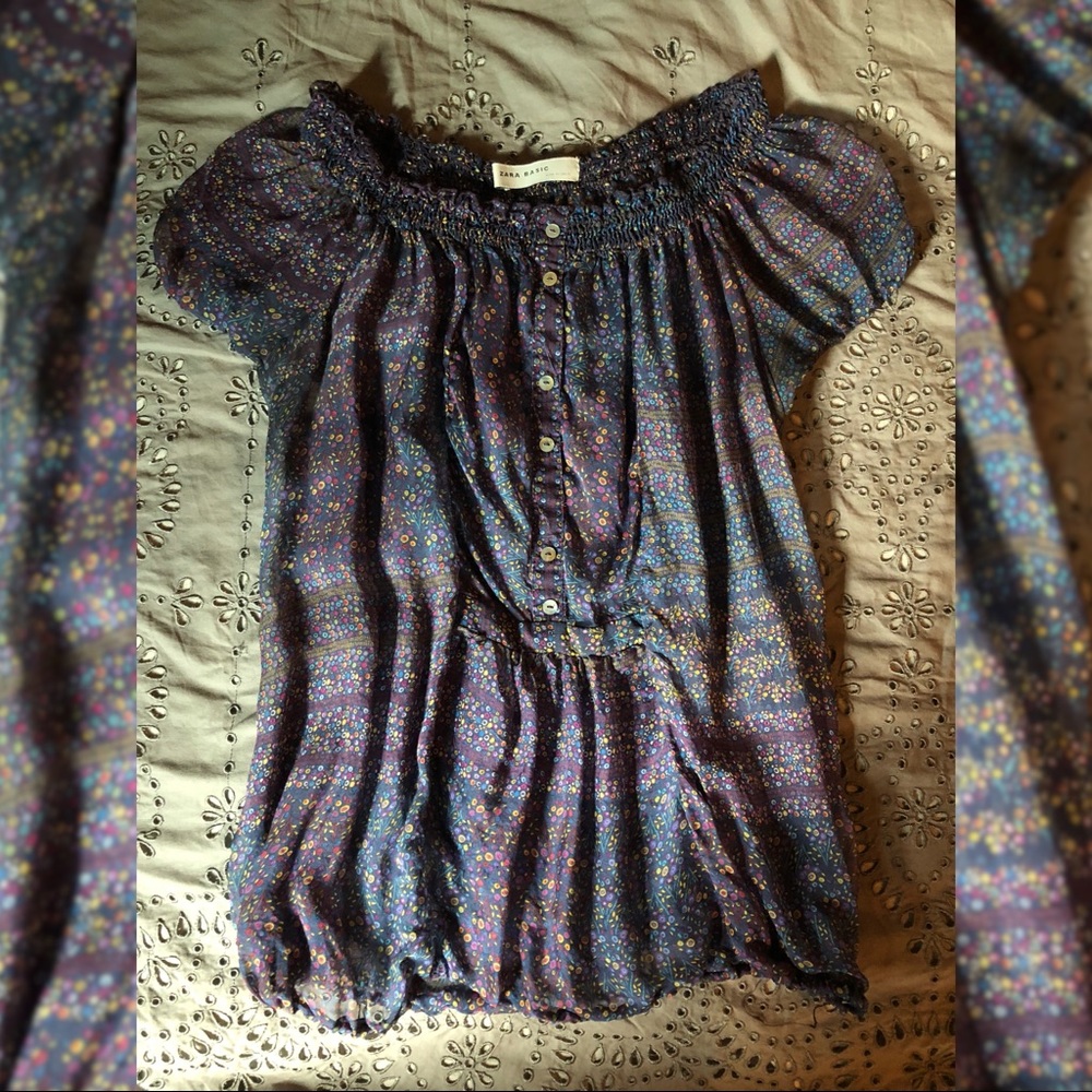 Zara Basic Purple Floral Sheer Off Shoulder Top